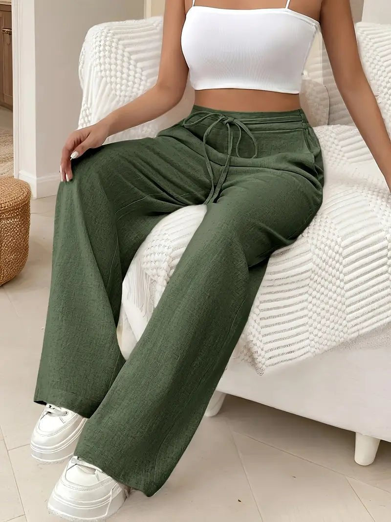 Hazel | Damskie letnie spodnie lniane szerokie z wysokim stanem foto 5