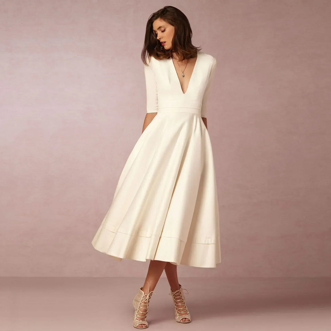 Damen Elegantes Fließendes Midi Kleid w kolorze Biały