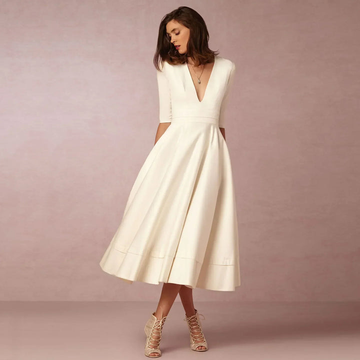Damen Elegantes Fließendes Midi Kleid w kolorze Biały