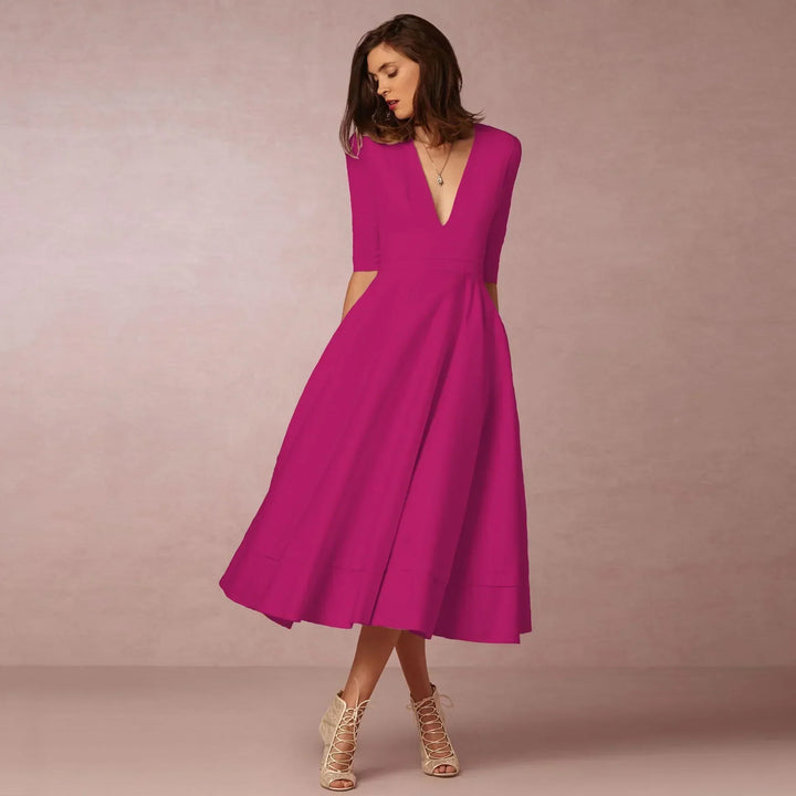 Damen Elegantes Fließendes Midi Kleid w kolorze Ciemny Różowy