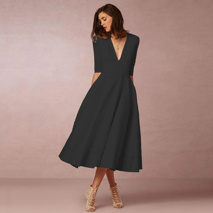Damen Elegantes Fließendes Midi Kleid w kolorze Czarny