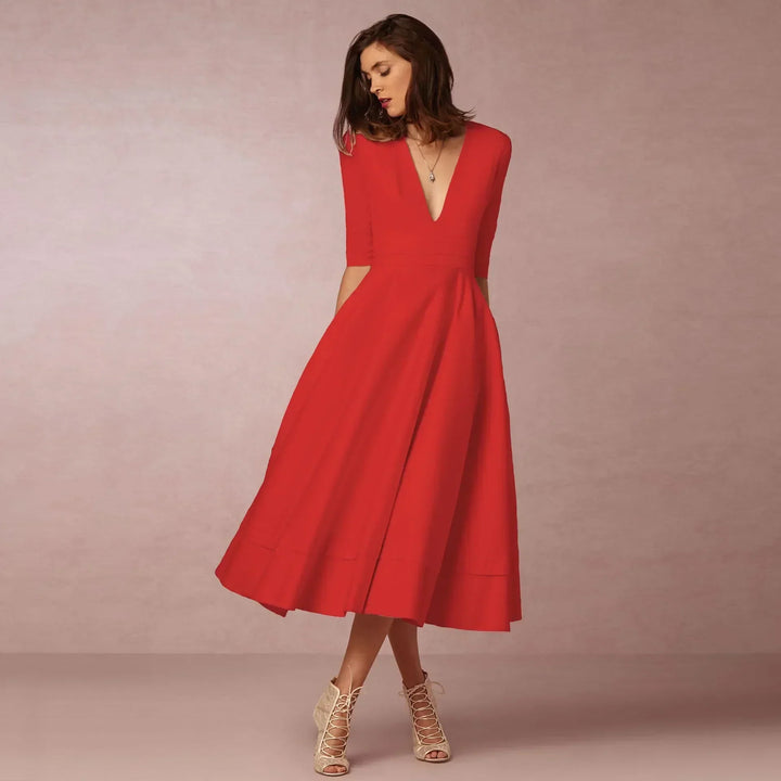 Damen Elegantes Fließendes Midi Kleid w kolorze Czerwony