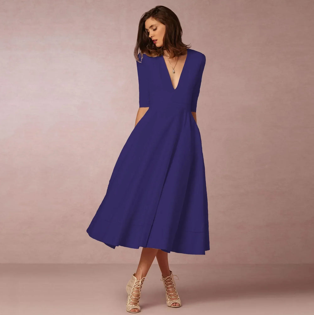 Damen Elegantes Fließendes Midi Kleid w kolorze Granatowy