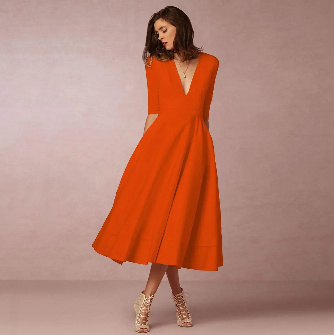 Damen Elegantes Fließendes Midi Kleid w kolorze Pomarańczowy