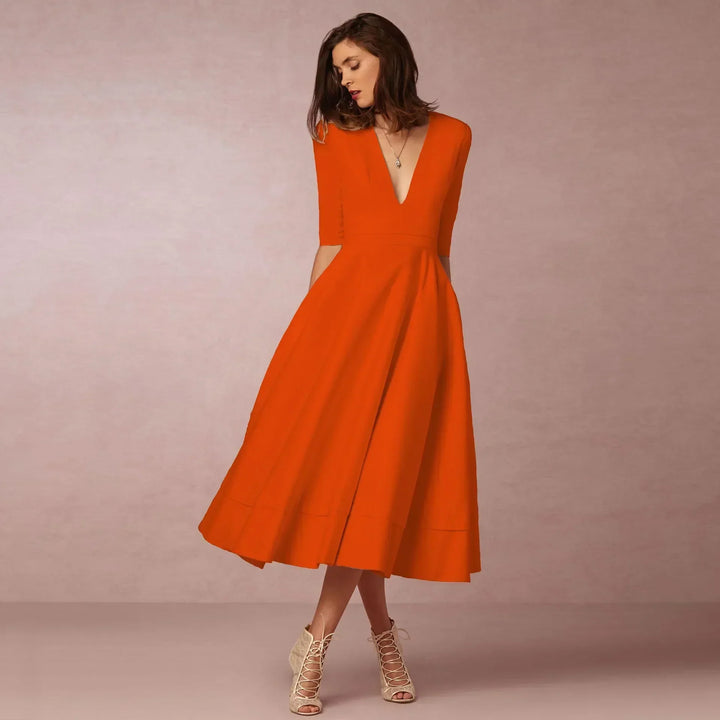 Damen Elegantes Fließendes Midi Kleid w kolorze Pomarańczowy