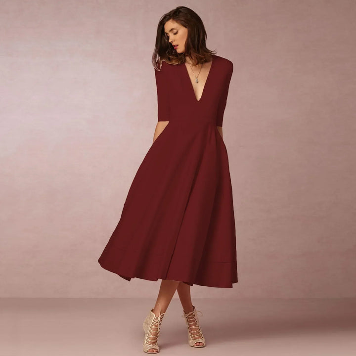 Damen Elegantes Fließendes Midi Kleid w kolorze Rotwein