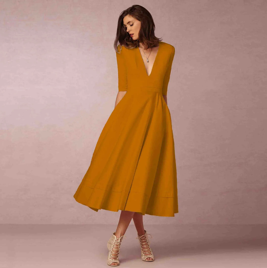 Damen Elegantes Fließendes Midi Kleid w kolorze Żółty