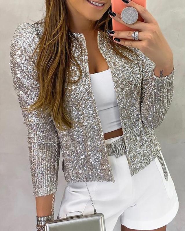 Damen Glitzernde Offene Winterjacke Jacket w kolorze Srebrny