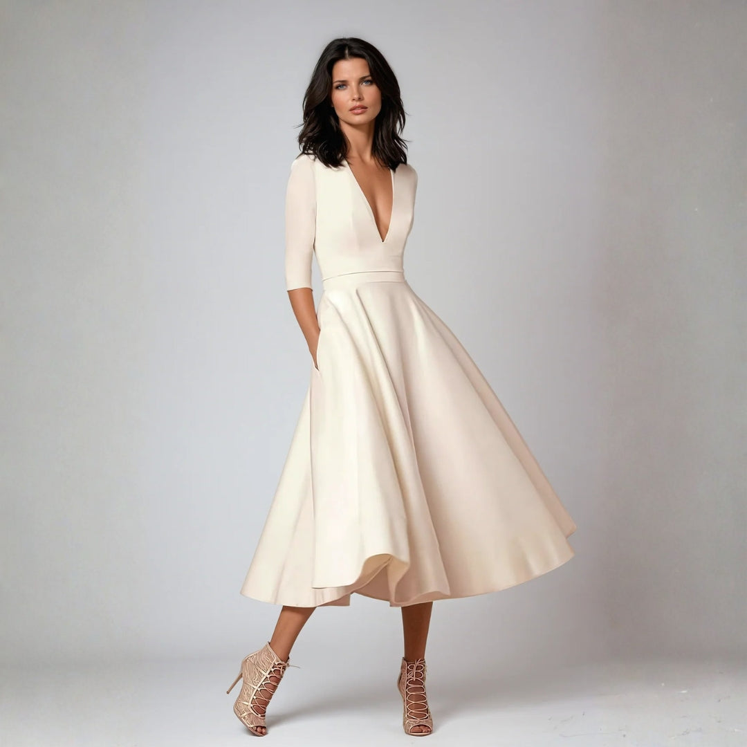 Damen Hochzeitsgast Elegantes Ausgestelltes Midikleid w kolorze Biały