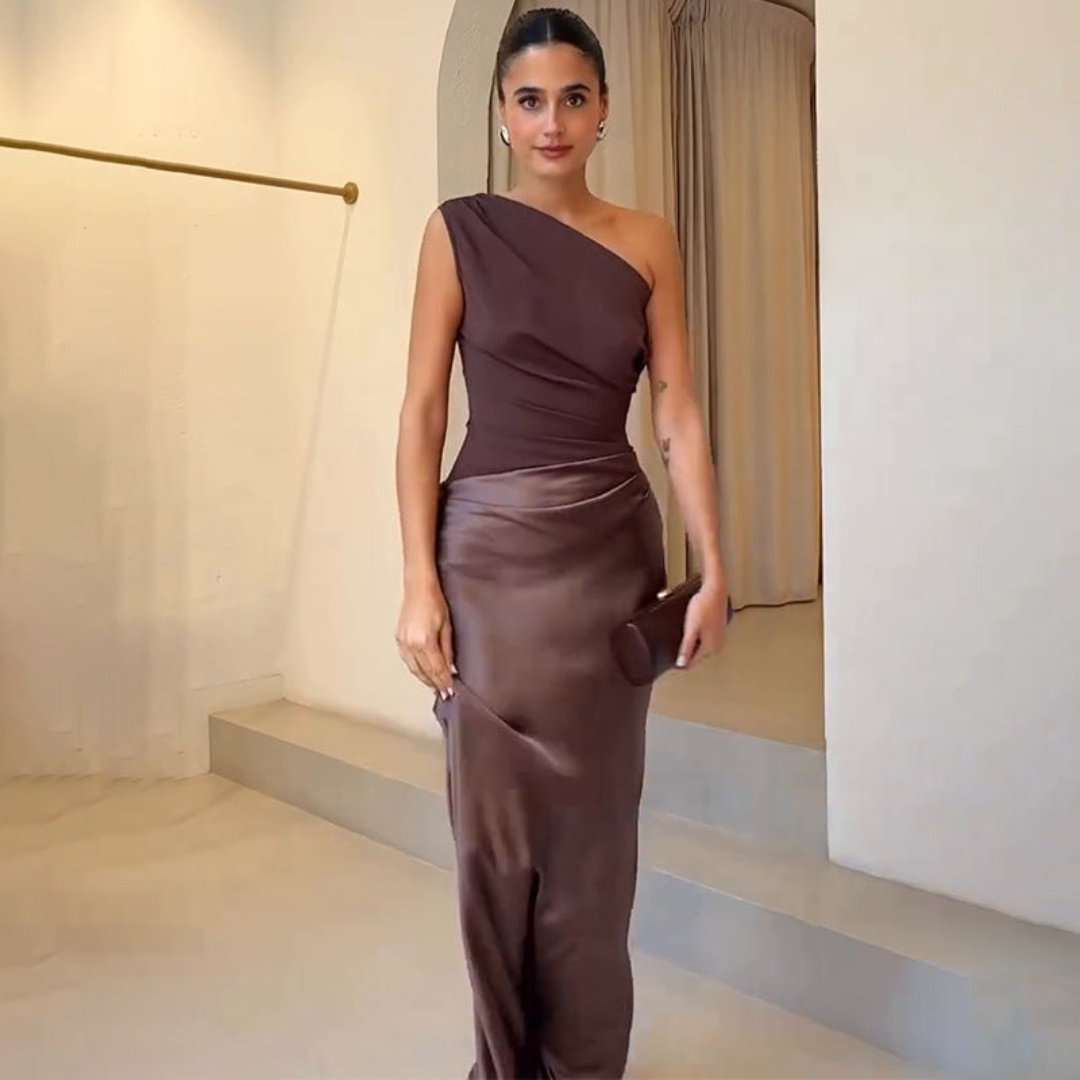 Damen Hochzeitsgast Kleid Ein-Schulter Abendkleid w kolorze Ciemny Brązowy