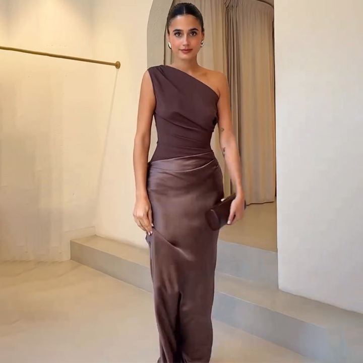 Damen Hochzeitsgast Kleid Ein-Schulter Abendkleid w kolorze Ciemny Brązowy