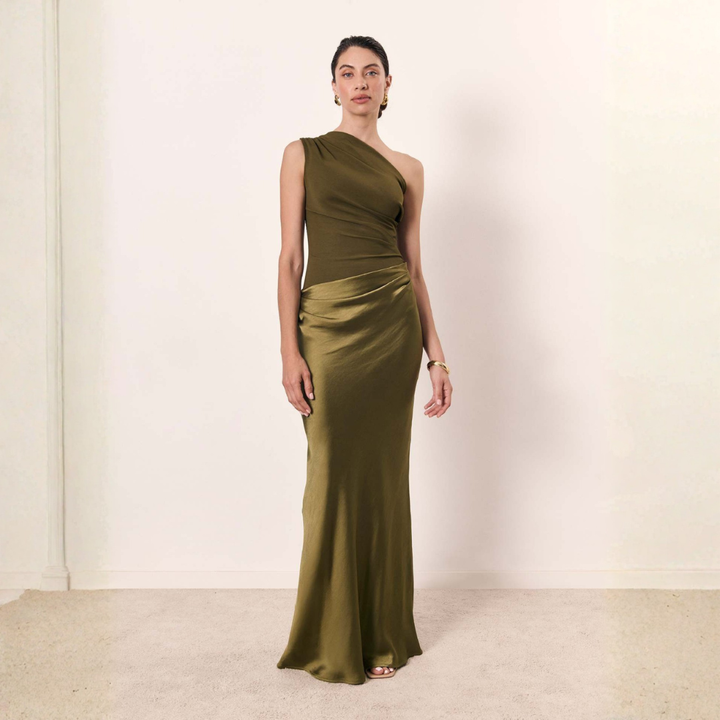 Damen Hochzeitsgast Kleid Ein-Schulter Abendkleid w kolorze Matcha