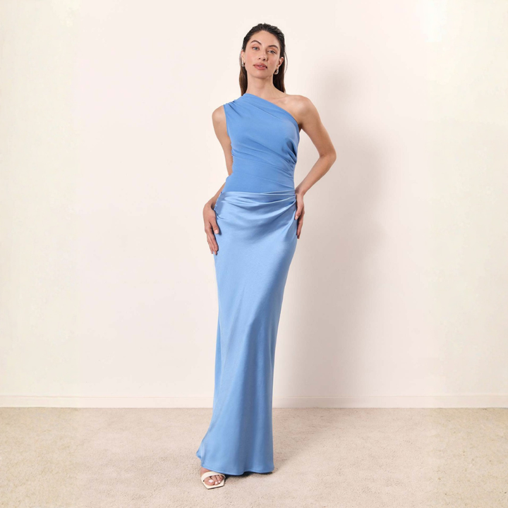 Damen Hochzeitsgast Kleid Ein-Schulter Abendkleid w kolorze Niebieski