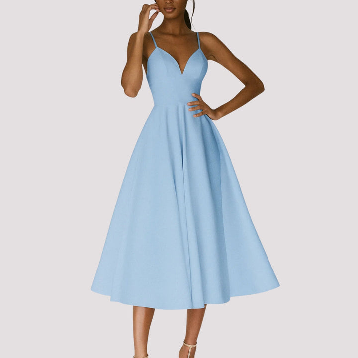 Damen Hochzeitsgast Träger Midi Kleid w kolorze Niebieski