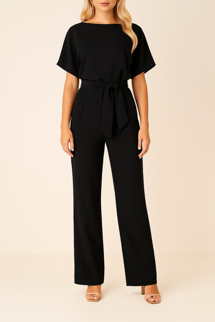 Damen Kurzarm Bindegürtel Weites-Bein Jumpsuit w kolorze Czarny