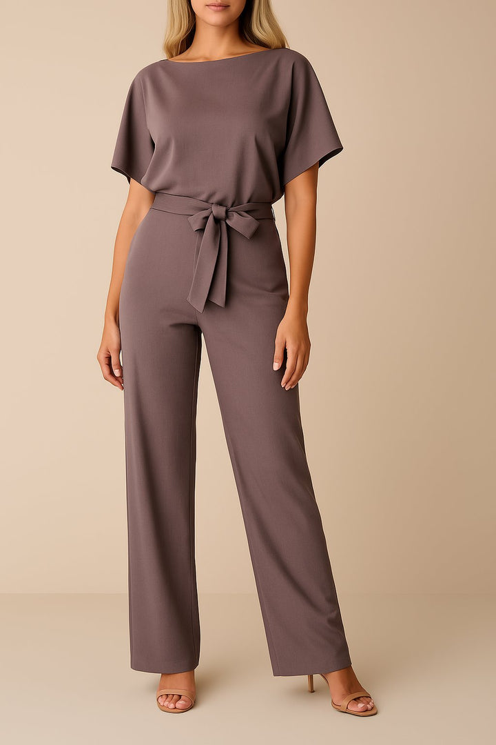 Damen Kurzarm Bindegürtel Weites-Bein Jumpsuit w kolorze Fioletowy