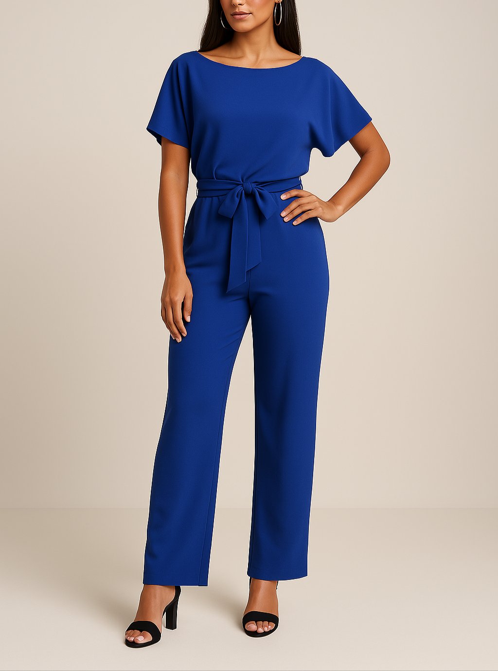 Damen Kurzarm Bindegürtel Weites-Bein Jumpsuit w kolorze Niebieski