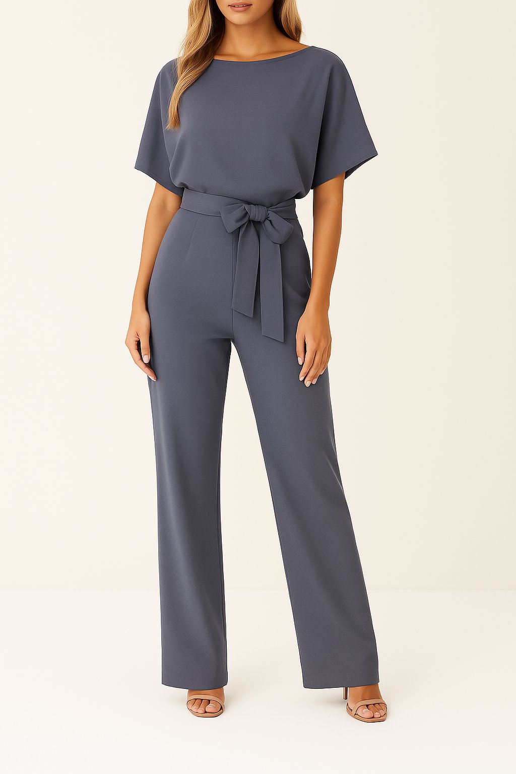 Damen Kurzarm Bindegürtel Weites-Bein Jumpsuit w kolorze Szary