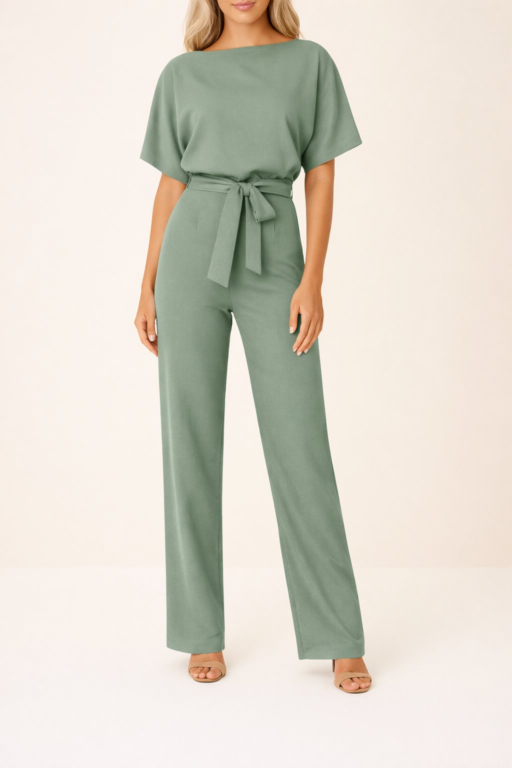 Damen Kurzarm Bindegürtel Weites-Bein Jumpsuit w kolorze Zielony