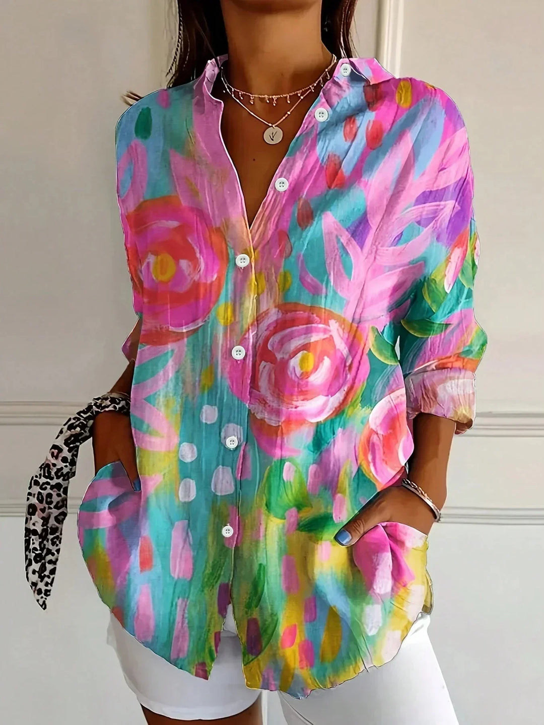 Damska bluzka kolorowa ze wzorem artystycznym w kolorze Różowy