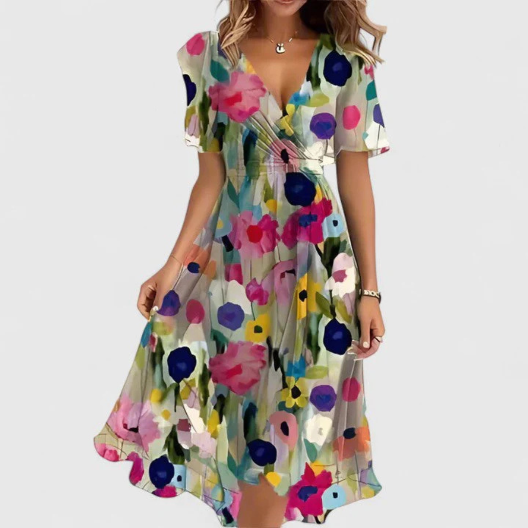 Damska kwiatowa sukienka midi na lato w kolorze Beige Floral