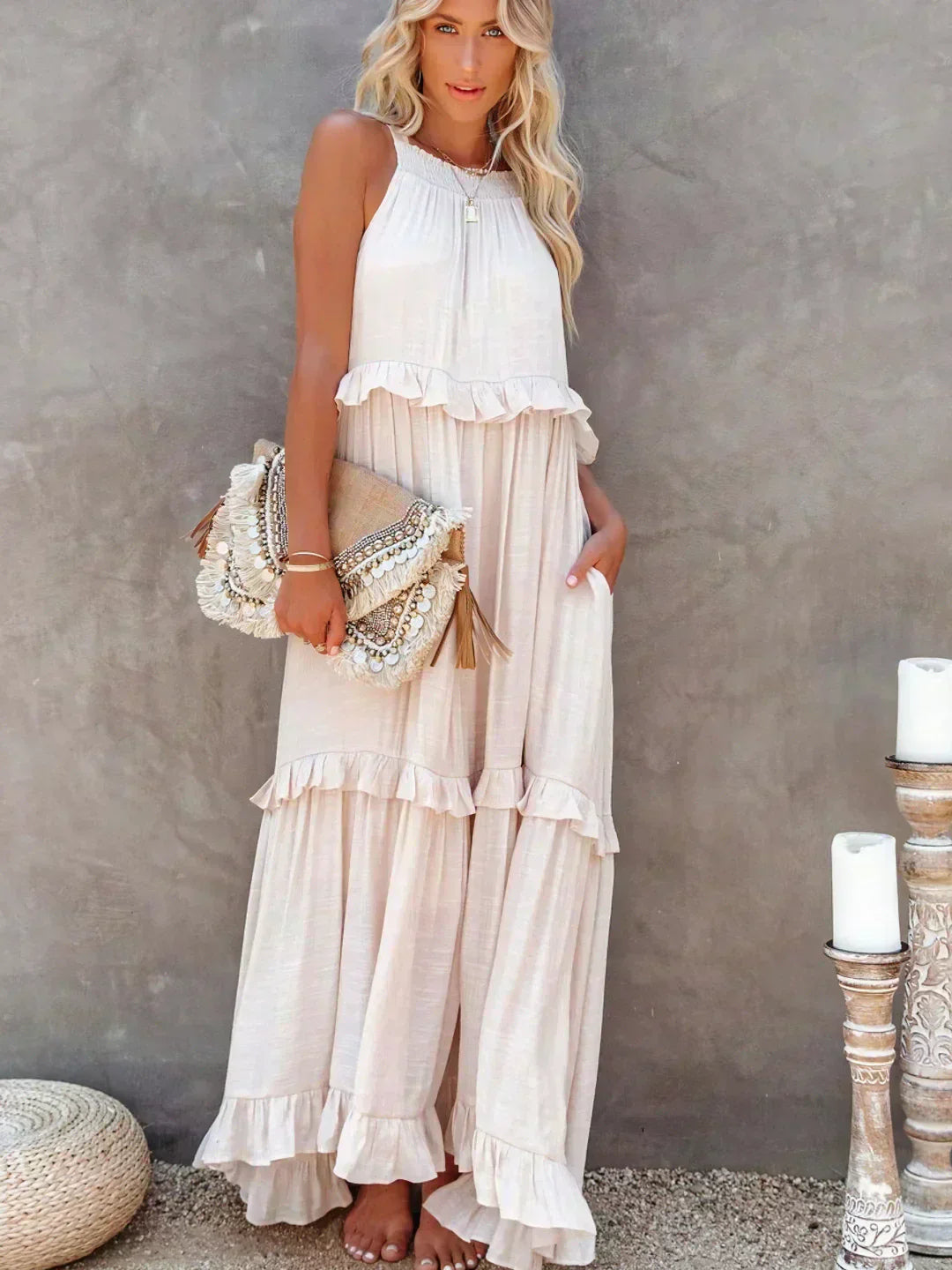 Damska sukienka maxi w stylu boho na lato w kolorze Beżowy 2