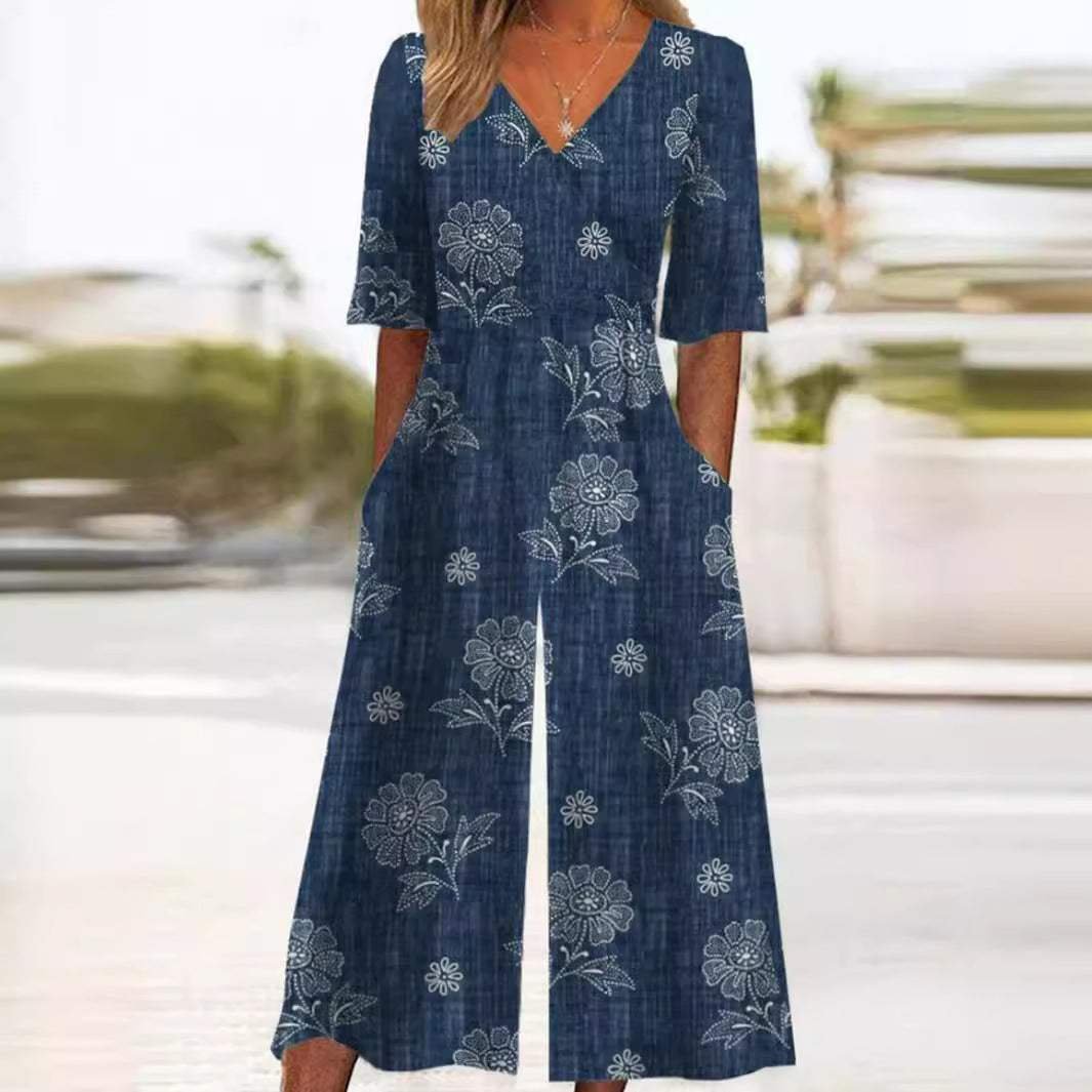 Damski kombinezon boho w kwiaty w kolorze Granatowy