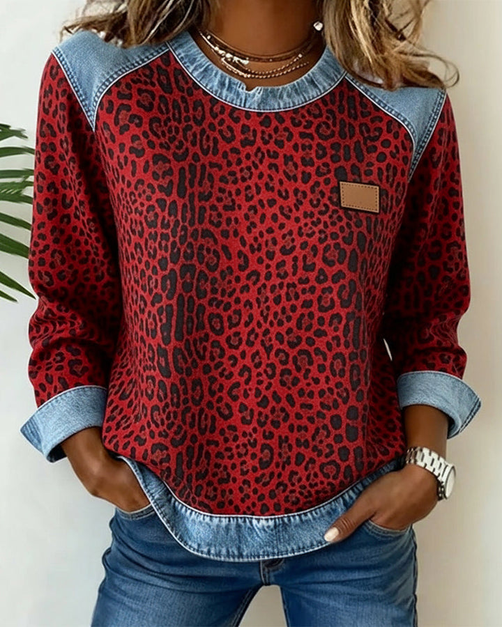 Damski pullover patchwork z panterką w kolorze Czerwony