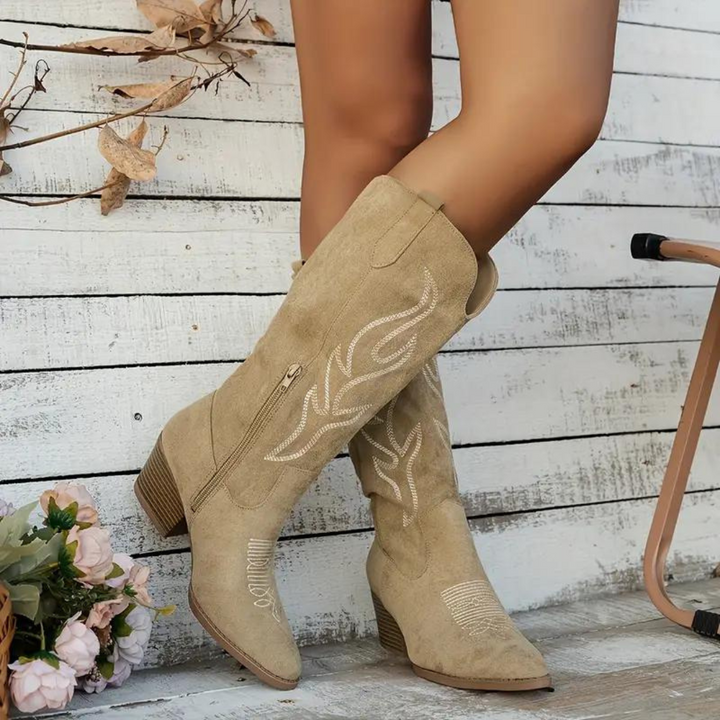 Damskie skórzane buty kowbojskie vintage w kolorze Beżowy