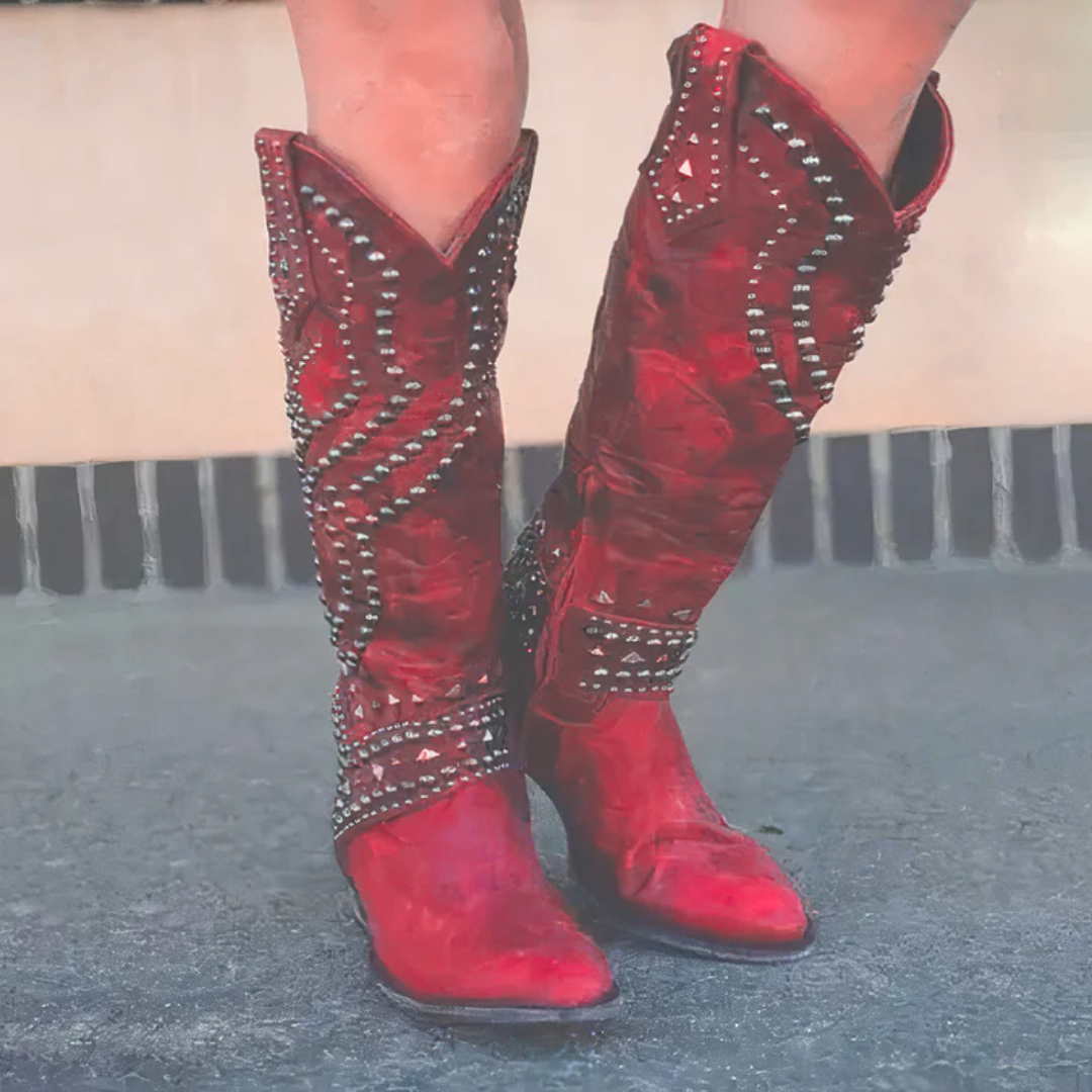 Damskie skórzane buty western na wysokim obcasie w kolorze Czerwony