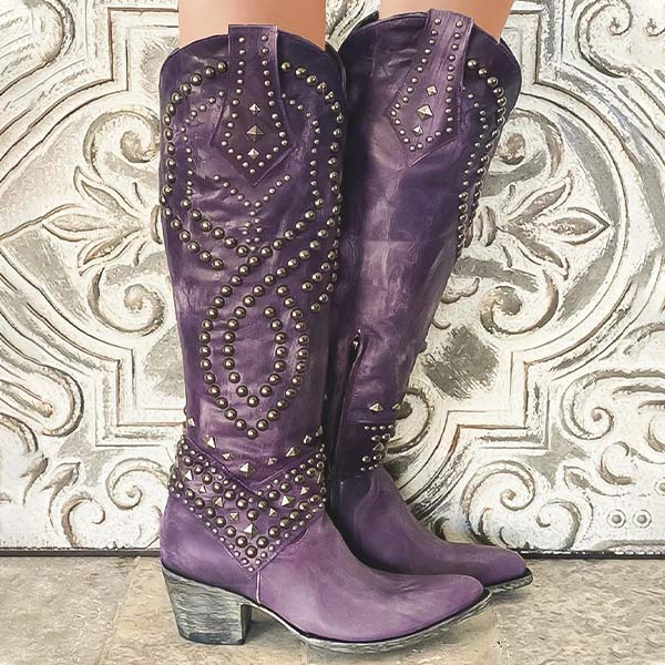 Damskie skórzane buty western na wysokim obcasie w kolorze Fioletowy