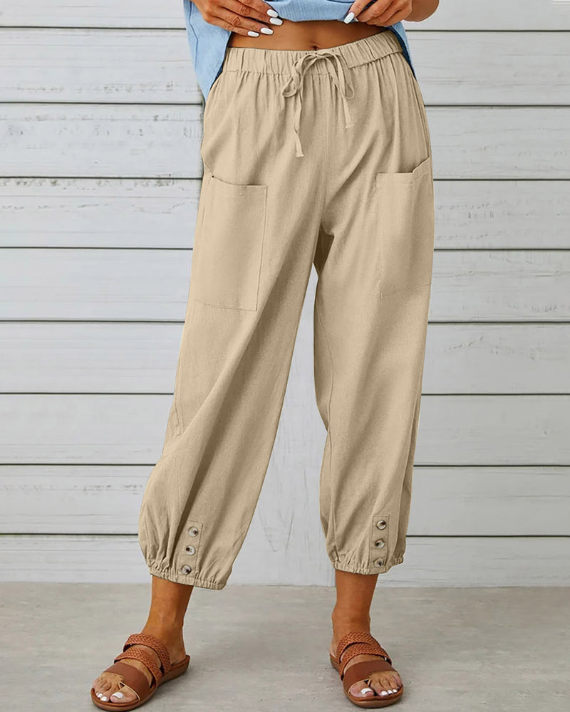 Damskie spodnie wygodne z wysokim stanem w kolorze Khaki