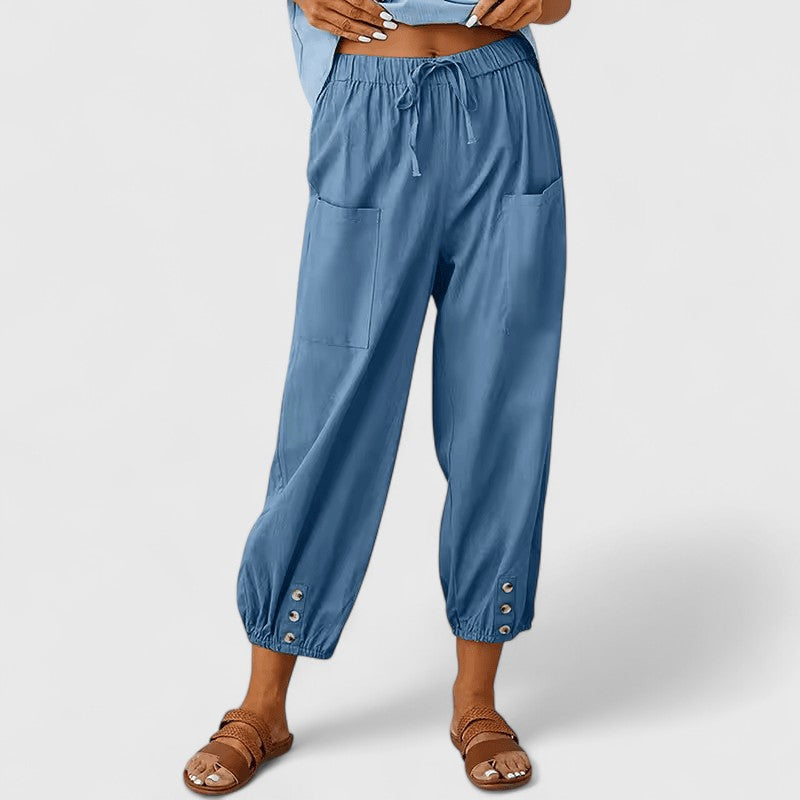 Dopasowane lniane spodnie w kolorze Denimblau