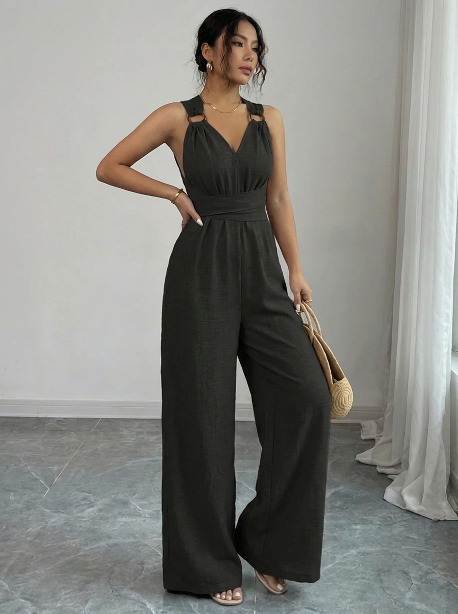 Einfarbiger Spitzenoberteil & Jumpsuit Ensemble (2)