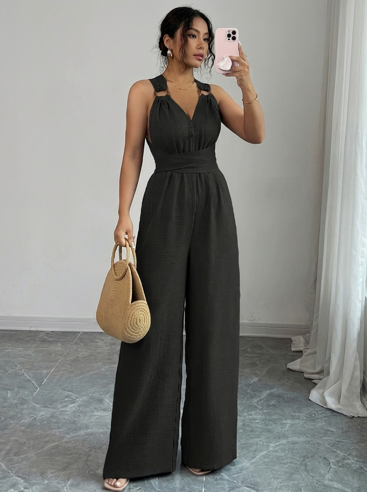 Einfarbiger Spitzenoberteil & Jumpsuit Ensemble (3)