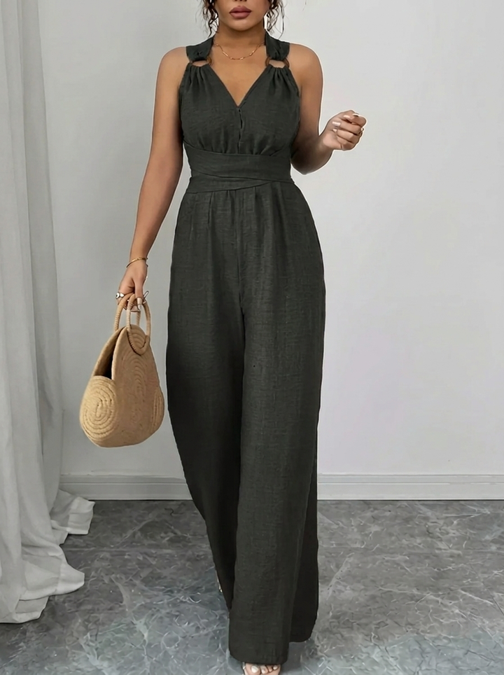 Einfarbiger Spitzenoberteil & Jumpsuit Ensemble w kolorze Czarny