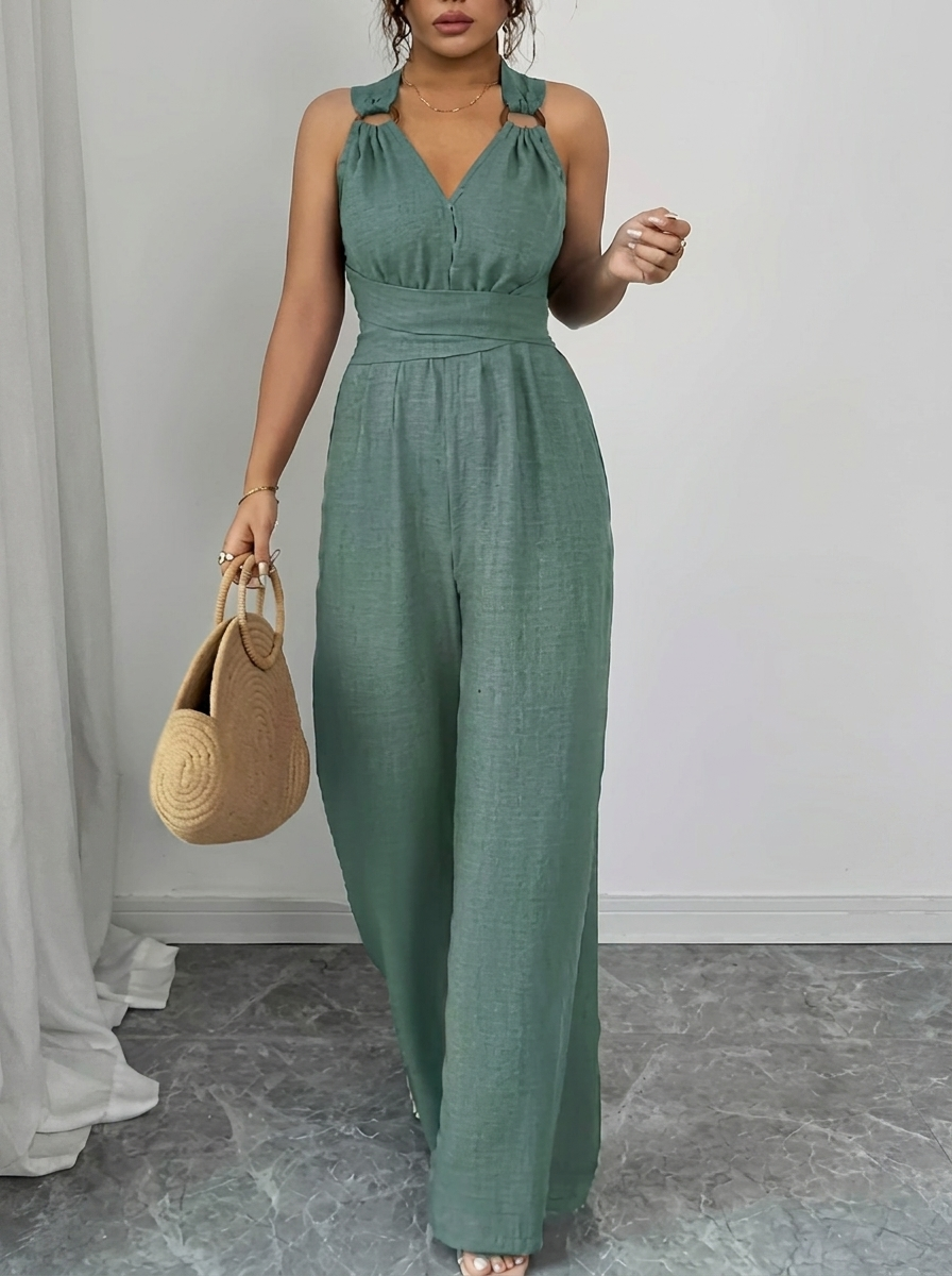 Einfarbiger Spitzenoberteil & Jumpsuit Ensemble w kolorze Zielony