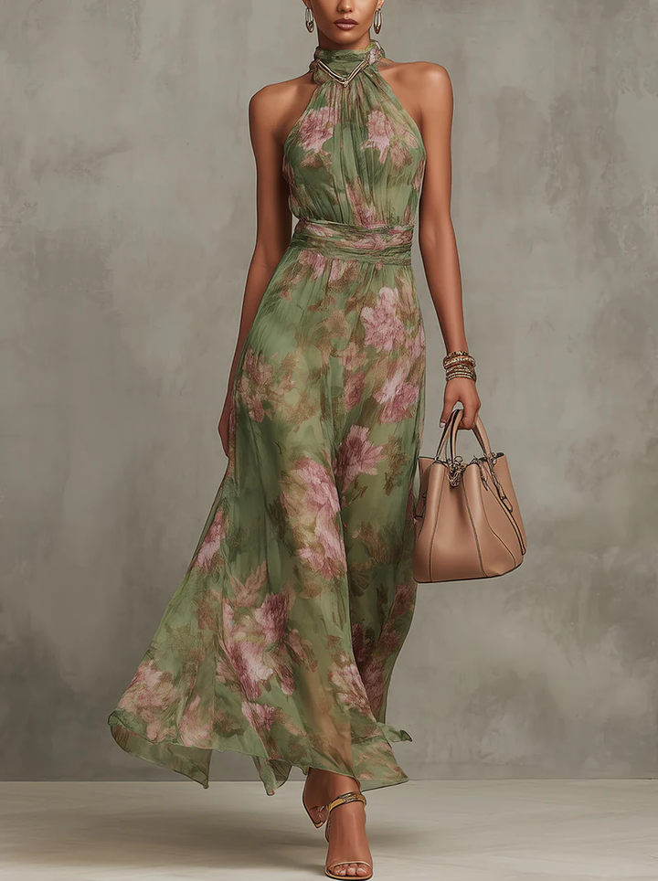 Elegancka lniana sukienka kwiatowa na lato w kolorze Grüner Blumenprint 1