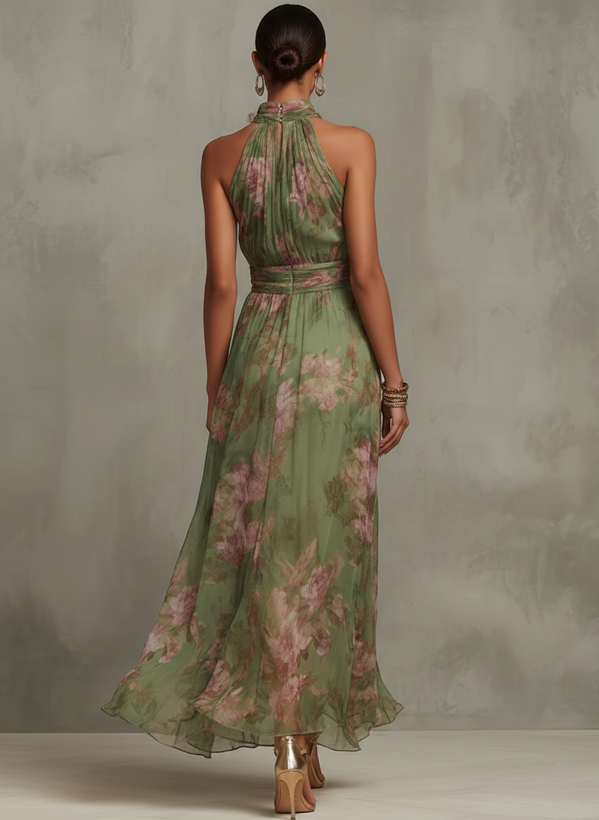 Elegancka lniana sukienka kwiatowa na lato w kolorze Grüner Blumenprint 2