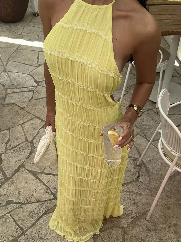 Elegancka Maxi Sukienka Halter z w kolorze Żółty