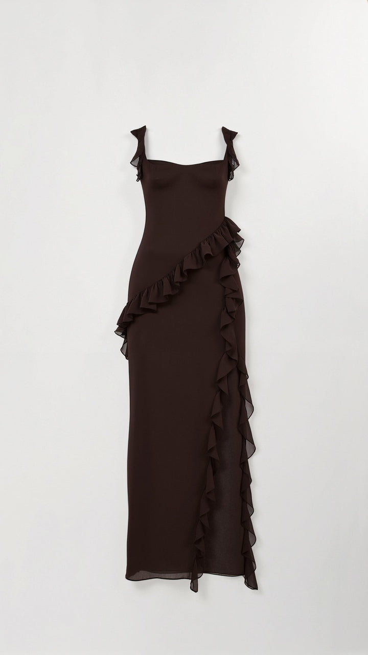 Elegancka Sukienka Maxi z Falbankami w kolorze Brązowy 3