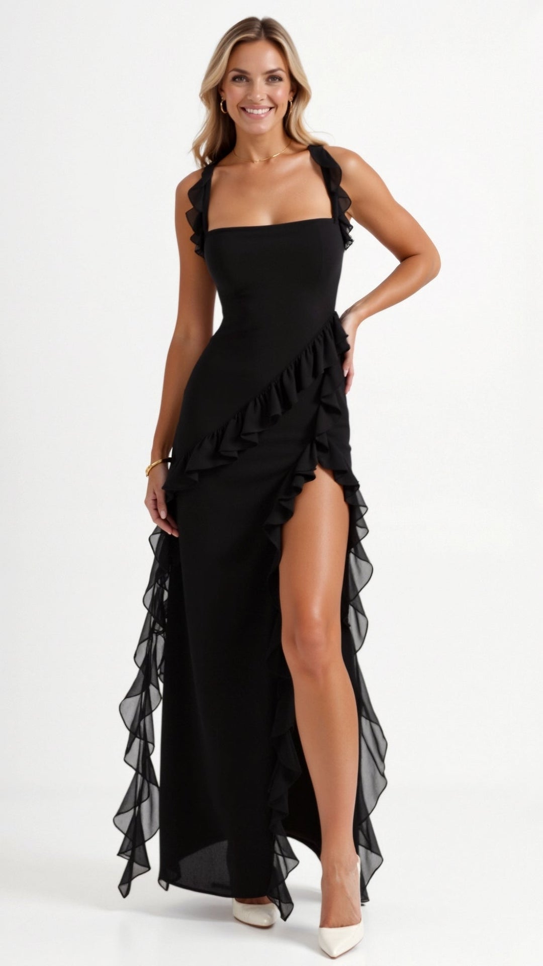 Elegancka Sukienka Maxi z Falbankami w kolorze Czarny 1