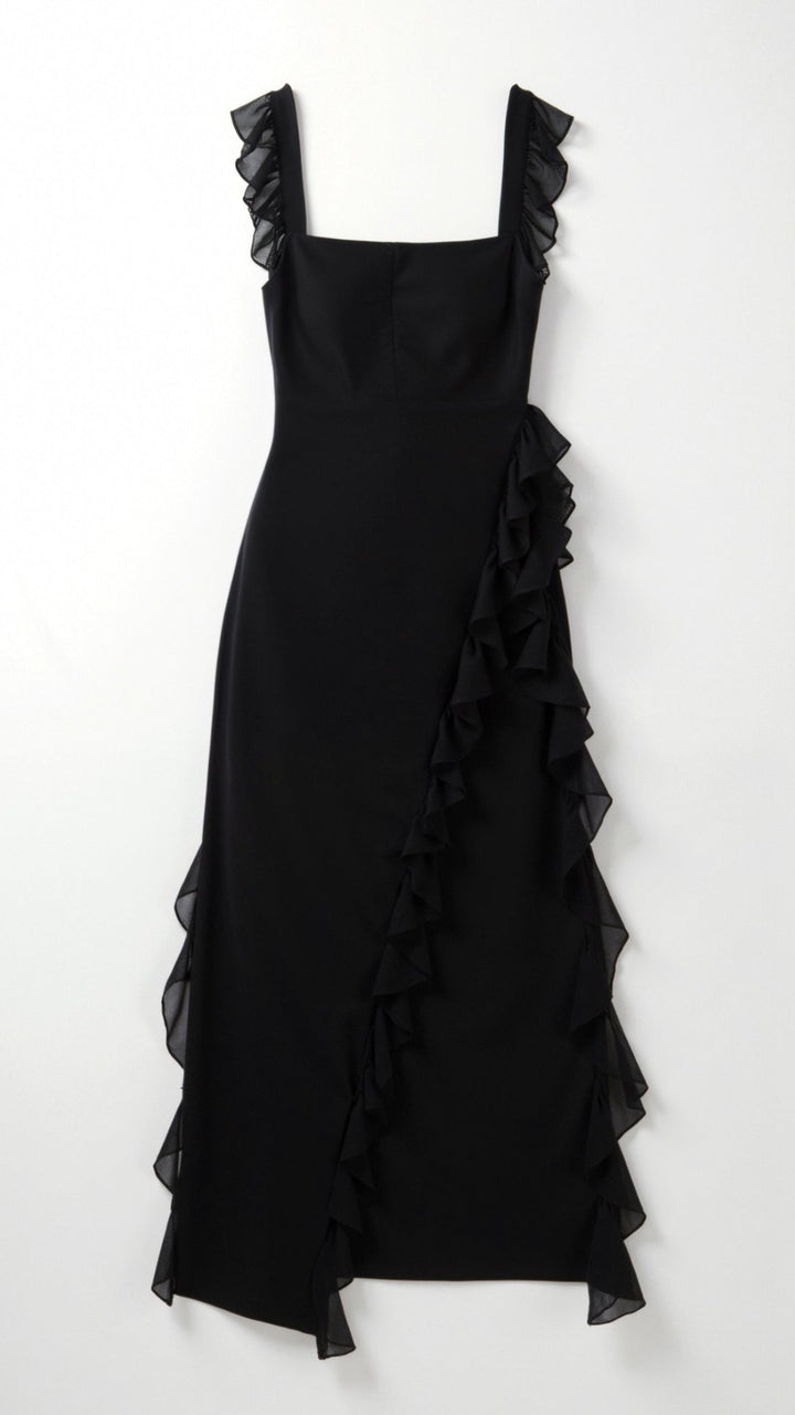 Elegancka Sukienka Maxi z Falbankami w kolorze Czarny 2