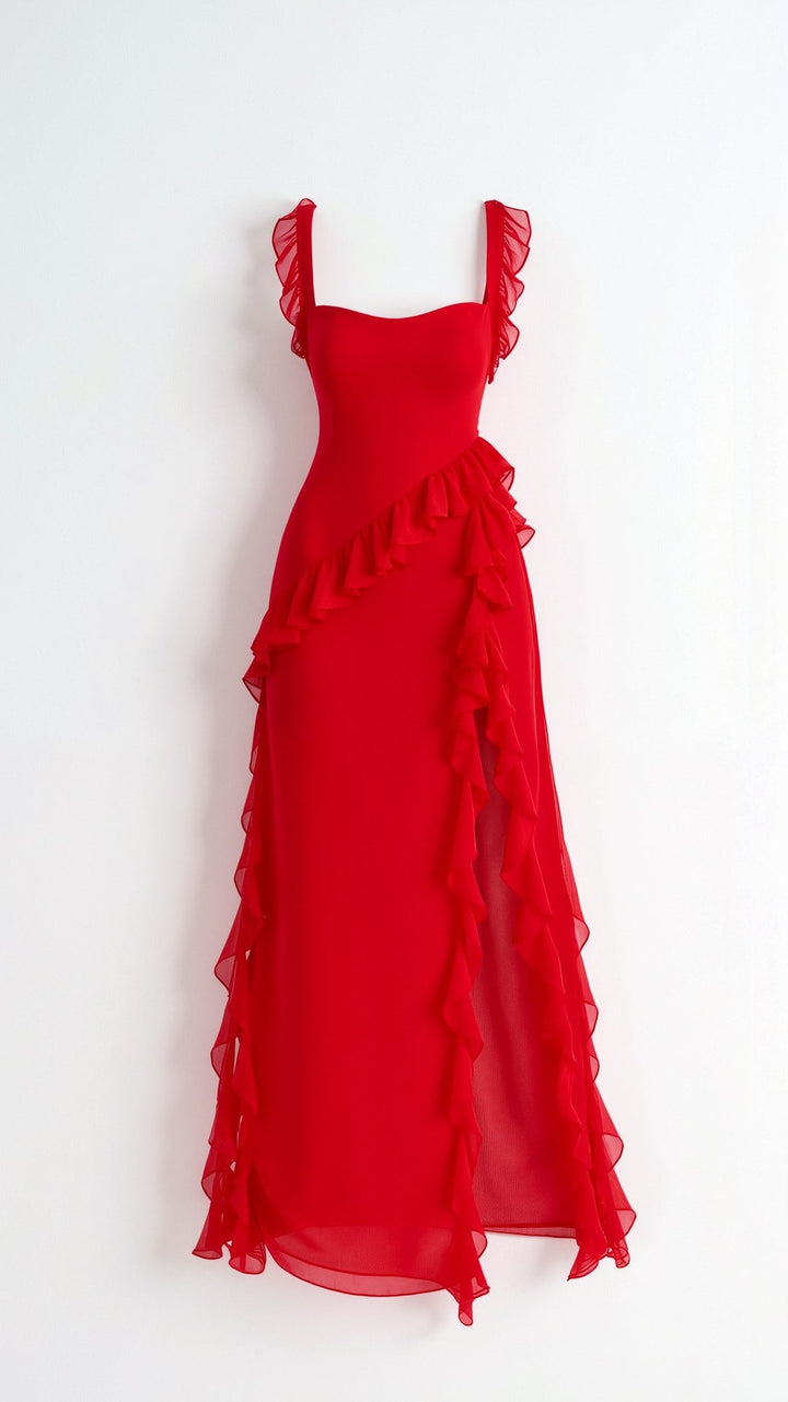 Elegancka Sukienka Maxi z Falbankami w kolorze Czerwony 3