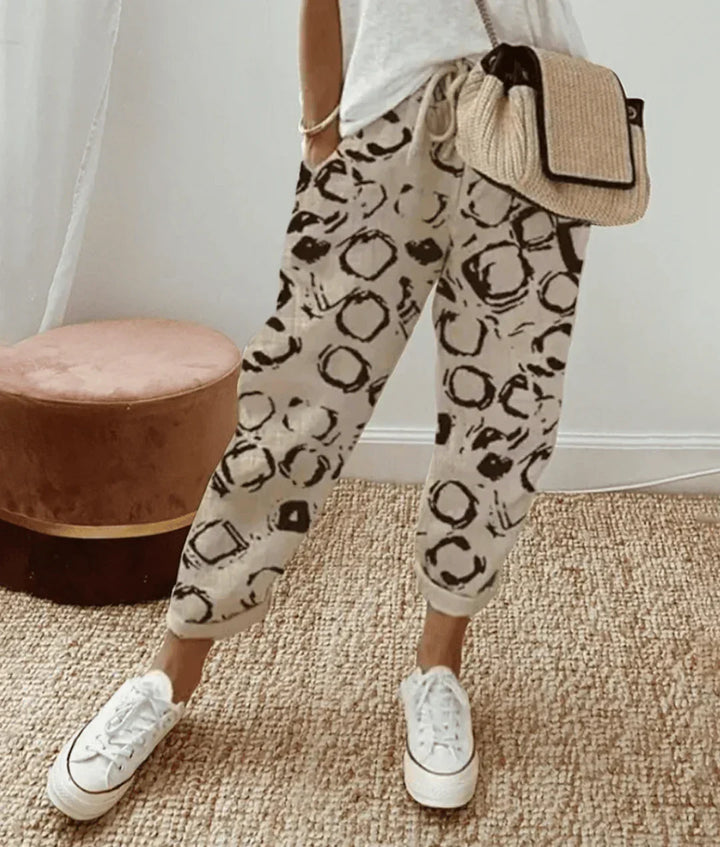Eleganckie lniane spodnie w kolorze Beige (mit Kreismuster)