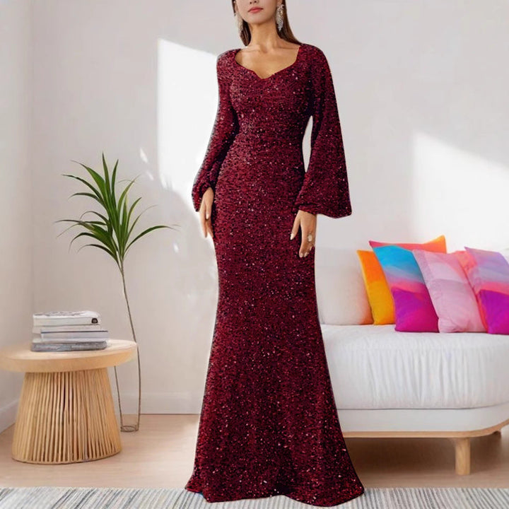 Emilia | Damska sukienka wieczorowa maxi z cekinami i rękawami typu trąbka foto 3