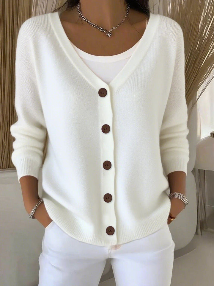 Langarm V-Ausschnitt Knopf Pullover Damen w kolorze Biały