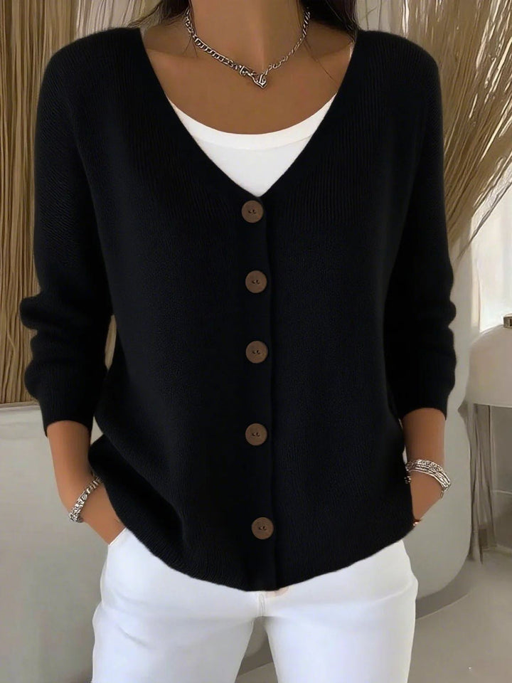 Langarm V-Ausschnitt Knopf Pullover Damen w kolorze Czarny