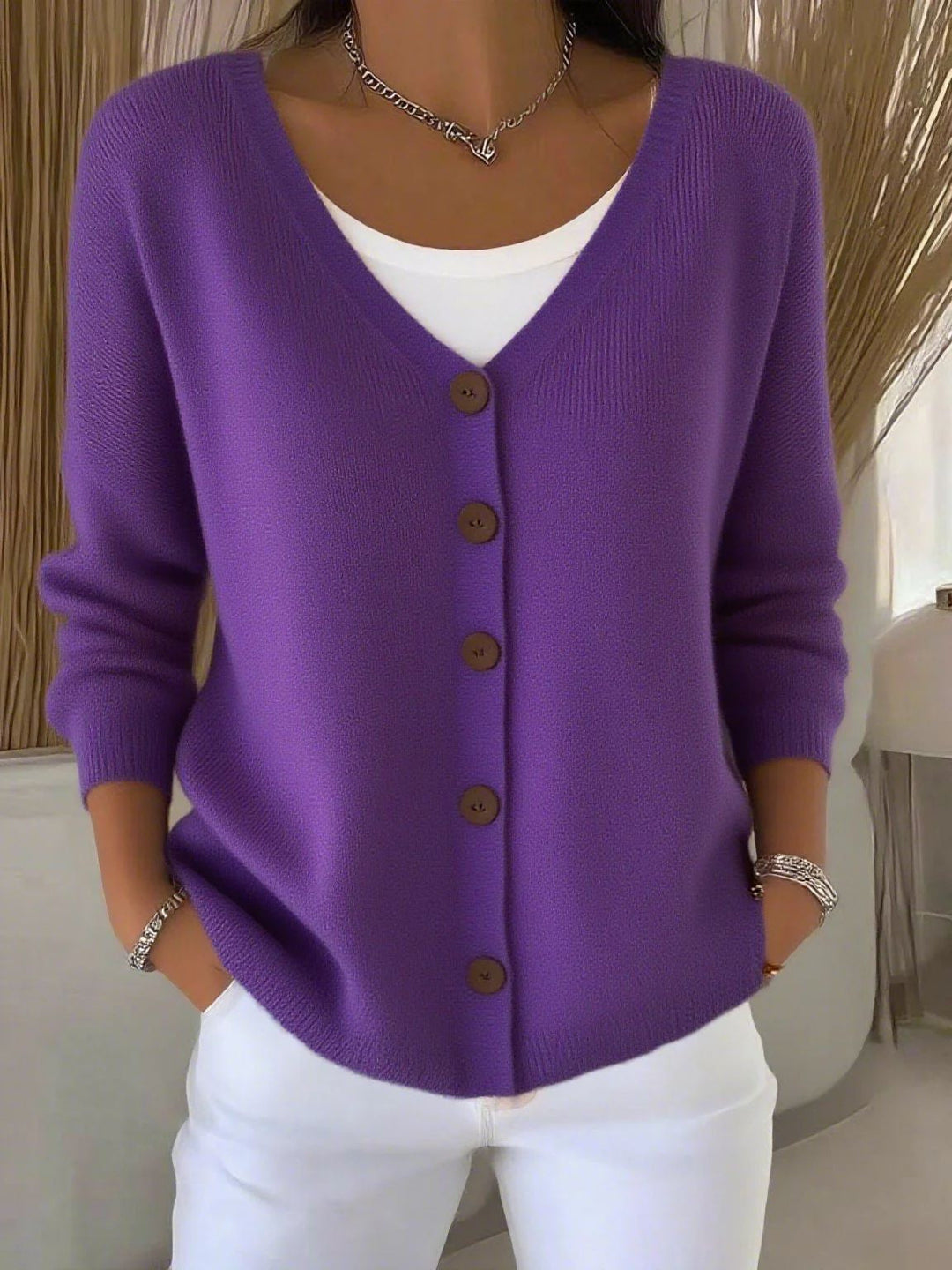 Langarm V-Ausschnitt Knopf Pullover Damen w kolorze Fioletowy