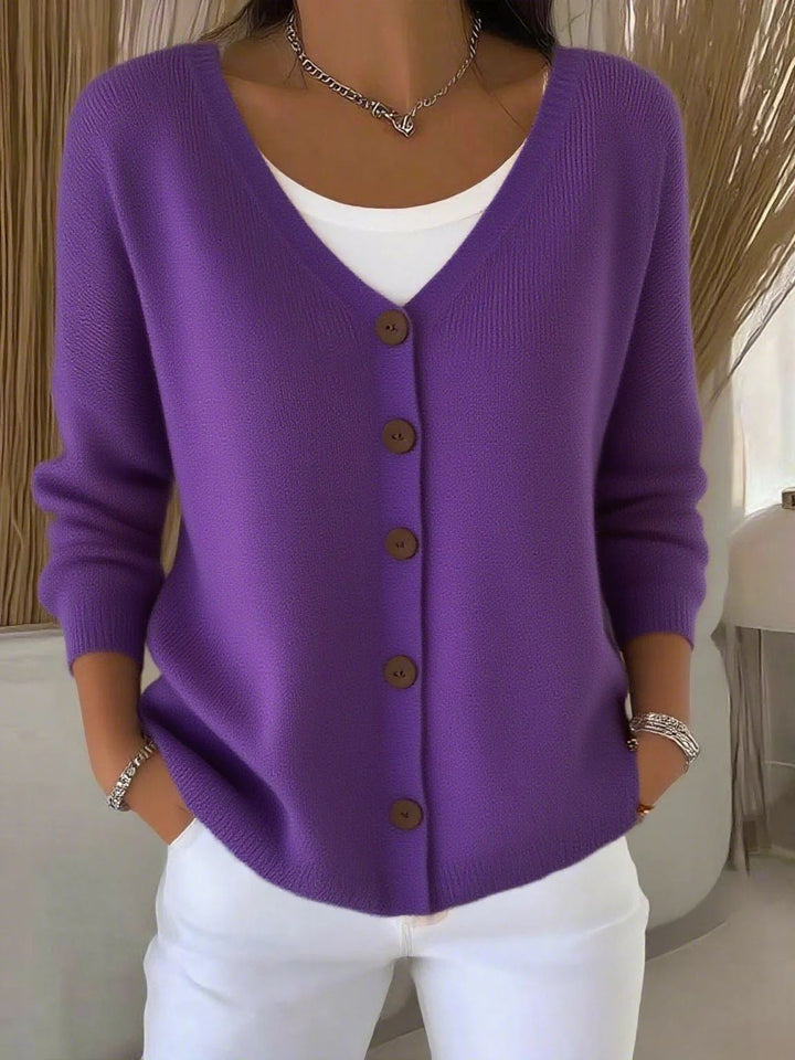 Langarm V-Ausschnitt Knopf Pullover Damen w kolorze Fioletowy
